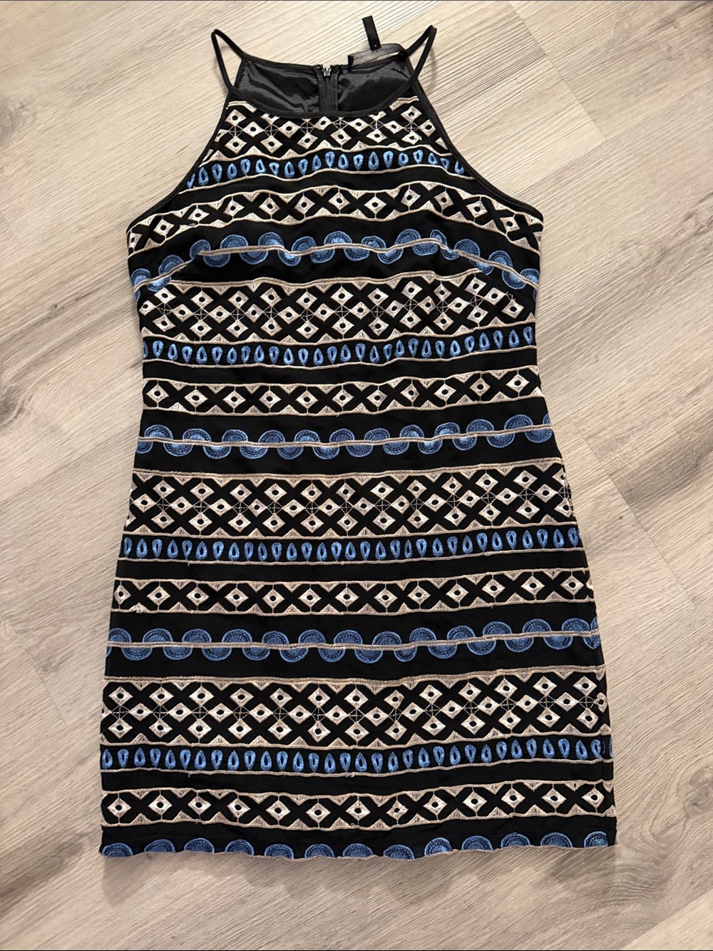 White House Black Market Black, Blue & Cream Patterned Halter Mini Dress